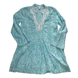 Lilly Pulitzer Sarasota Tunic Size S Blue Ice Cake Teal Beaded Vacation Resort
